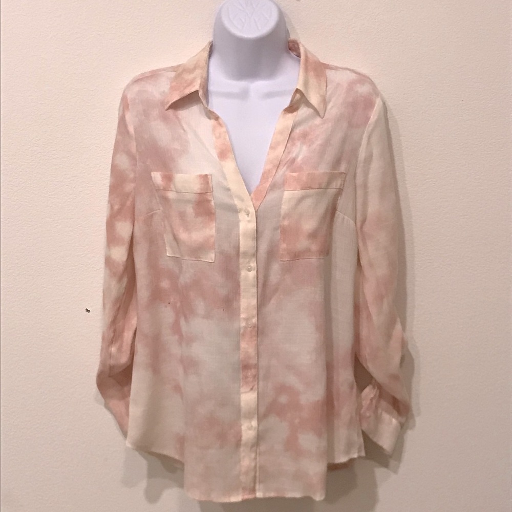 Candie’s Button Down Watercolor Print Pink Blouse Size Medium